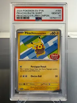 Pokemon TCG PSA 10 GEM MINT Pikachu Berkemja Batik 155/SV-P Promo Indonesian - Image 1