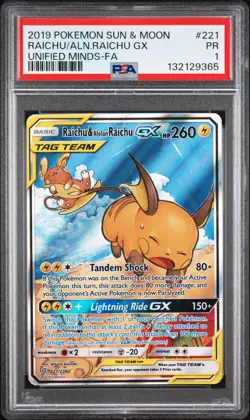 2019 POKEMON SUN & MOON UNIFIED MINDS FULL ART/RAICHU & ALOLAN RAICHU GX PSA 1 - Image 1