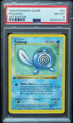 1st Edition Shadowless Poliwag 59/102 Base Set Pokemon Card PSA 8 - Image 1