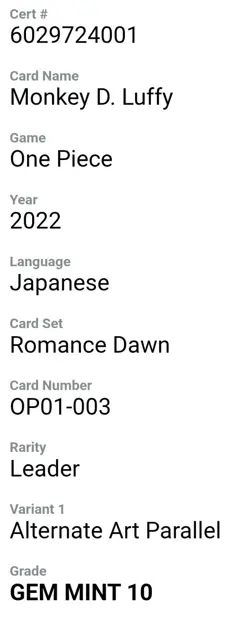 CGC 10 ONE PIECE Card Monkey D. Luffy Alt Art OP01-003 ROMANCE DAWN Japanese - Image 2