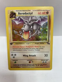 1st Edition Aerodactyl 1/62 PRERELEASE Gold Stamp Fossil Holo 1999 Pokemon Card - Image 1
