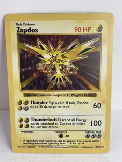 Pokemon TCG Zapdos Holo Rare Card Base Set, Shadowless, 16/102 - Image 1