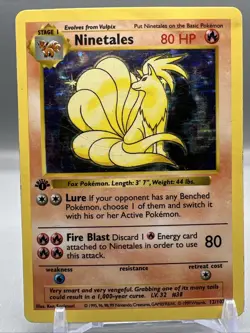 Ninetales 12/102 1st Edition Base Set Pokemon Holo Foil Rare Shadowless Card, MP - Image 1