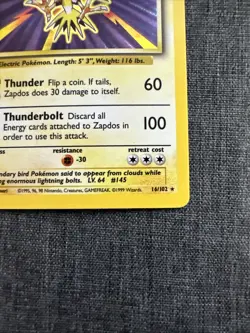 1999 Pokemon WOTC: Base Set Zapdos 16/102 Holo Rare - Nm Lp - Image 4