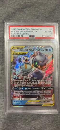 2019 Pokemon Sun & Moon Cosmic Eclipse Blastoise & Piplup GX #38 PSA 10 - Image 1