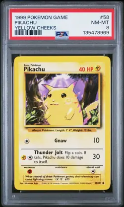 1999 POKEMON BASE SET UNLIMITED YELLOW CHEEKS #58 PIKACHU PSA 8 - Image 1