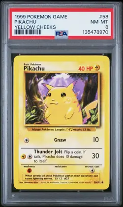 1999 POKEMON BASE SET UNLIMITED YELLOW CHEEKS #58 PIKACHU PSA 8 - Image 1