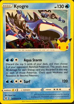 Kyogre 3/25 Holo Rare Pokemon TCG Celebrations CEL 2021 Stamp NM English - Image 1