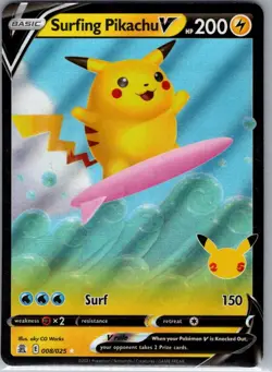 Surfing Pikachu V 008/025 Celebrations - Pokemon Card - NM - Image 1