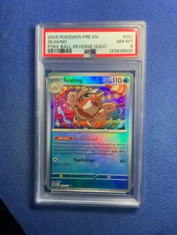 2025 POKEMON PRE EN-PRISMATIC EVOLUTIONS POKE BALL REVERSE HOLO SEAKING PSA 8 - Image 1