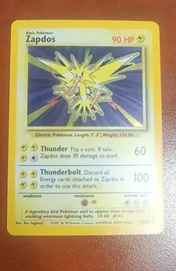 Pokemon TCG Zapdos Holo Rare 1999 16/102 Base Set Holo front NM W/bend Back LP - Image 1
