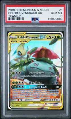 2019 POKEMON SUN & MOON TEAM UP #1 CELEBI & VENUSAUR GX PSA 10 - Image 1