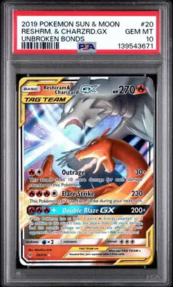 2019 POKEMON SUN & MOON UNBROKEN BONDS #20 RESHIRAM & CHARIZARD GX PSA 10 - Image 1