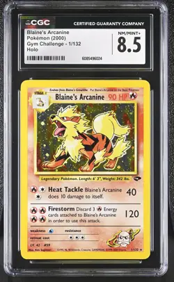 CGC 8.5 Blaine's Arcanine 2000 Gym Challenge 1/132 Holo Pokemon Card - Image 1