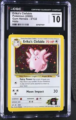 CGC 10 GEM MINT Erika's Clefable 2000 Gym Heroes 3/132 Holo Pokemon Card - Image 1