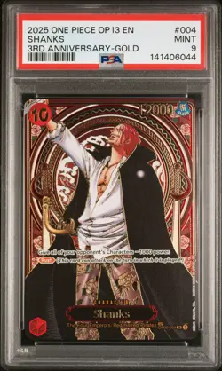2025 ONE PIECE OP13-CARRYING ON HIS WILL 3RD ANNIVERSARY-GOLD #004 SHANKS PSA 9 - Image 1