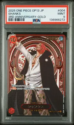 2025 ONE PIECE JPN OP13-CARRYING ON HIS WILL 3RD ANNIV-GOLD #004 SHANKS PSA 9 - Image 1