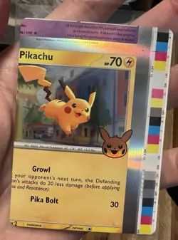 Pikachu Trick Or Trade Miscut Error Holo Pokemon Card - Color Bar - Image 1