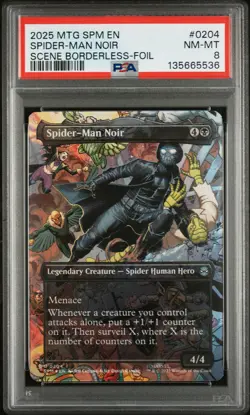 2025 MTG MARVEL'S SPIDER-MAN SCENE BORDERLESS-FOIL #0204 SPIDER-MAN NOIR PSA 8 - Image 1