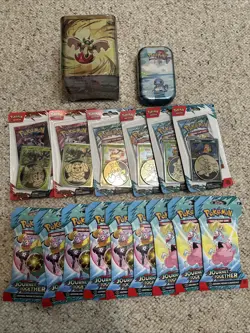 Pokemon Sealed Bundle 6 Blisters, 1 Mini Tin, 1 Big Tin, 9 Journey Sleeves! - Image 1