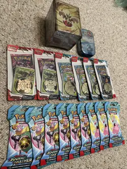 Pokemon Sealed Bundle 6 Blisters, 1 Mini Tin, 1 Big Tin, 9 Journey Sleeves! - Image 2