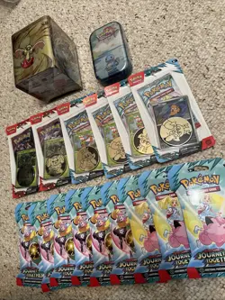 Pokemon Sealed Bundle 6 Blisters, 1 Mini Tin, 1 Big Tin, 9 Journey Sleeves! - Image 3