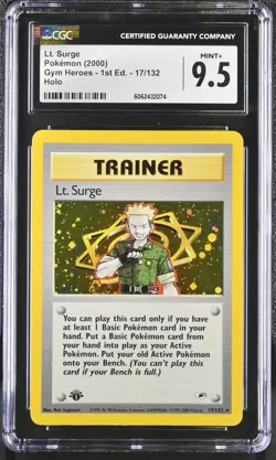 CGC 9.5 Lt. Surge Gym Heroes 1st Edition 17/132 Holo SWIRL Pokemon Card - Image 1