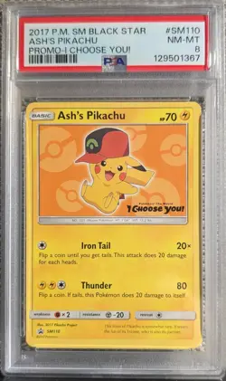 2017 Pokemon PROMO Ash's Pikachu SM110 Sm Regular PSA 8 - Image 1