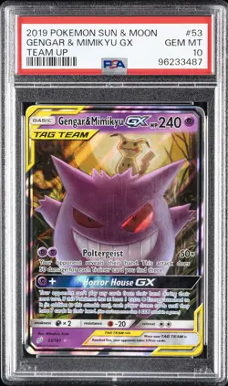 2019 POKEMON SUN & MOON TEAM UP #53 GENGAR & MIMIKYU GX PSA 10 - Image 1