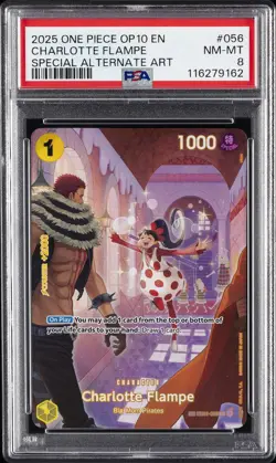 2025 ONE PIECE OP10-ROYAL BLOOD SPECIAL ALTERNATE ART CHARLOTTE FLAMPE PSA 8 - Image 1