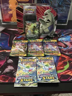 Pokemon Pack Lot. 3 Evolving Skies, 2 Brilliant Stars. Opened Strikers V Tin - Image 1
