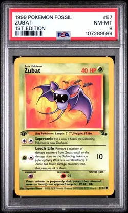 PSA 8 NM/MT 1999 POKEMON FOSSIL 57 ZUBAT 1ST EDITION ENGLISH - Image 1
