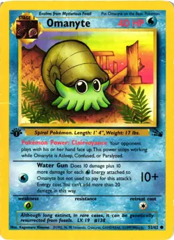 Pokemon TCG Omanyte Fossil 1st Edition Card 52/62 MP/HP - Image 1