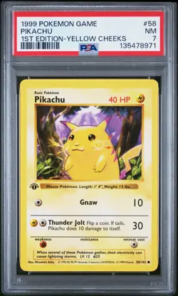 1999 POKEMON BASE SET 1ST EDITION-YELLOW CHEEKS #58 PIKACHU PSA 7 - Image 1