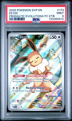 2025 POKEMON PRISMATIC EVOLUTIONS POKEMON CENTER ETB PROMO SVP #173 EEVEE PSA 9 - Image 1