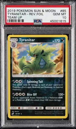 2019 POKEMON SUN & MOON TEAM UP #85 TYRANITAR-REVERSE FOIL PSA 10 - Image 1