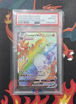 2020 Pokemon SWSH FA Rainbow Charizard VMax Champion's Path Secret #074 PSA 10 - Image 1
