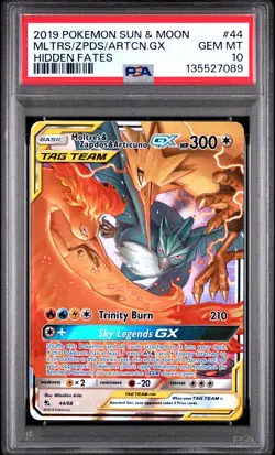 PSA 10 Moltres & Zapdos & Articuno Gx 44/68 Hidden Fates Tag Team Holo POKEMON - Image 1