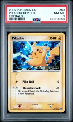2005 POKEMON EX EMERALD #60 PIKACHU-REVERSE FOIL PSA 8 - Image 1