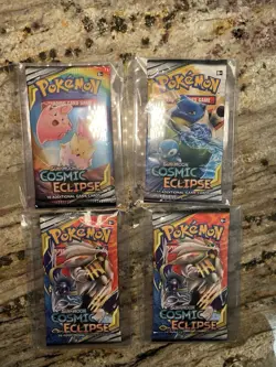 Pokemon Sun & Moon Cosmic Eclipse (4) 3-Card Booster Packs Art Set 2019 Sealed - Image 1