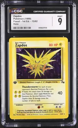 POKEMON 1999 FOSSIL 1st Edition ZAPDOS Holo RARE #15 ⭐CGC 9 MINT⭐ - Image 1