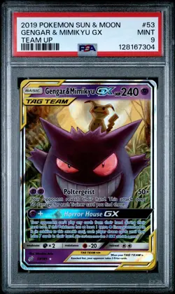 PSA 9 Gengar & Mimikyu Gx 53/181 Team Up Tag Team Holo Rare POKEMON - Image 1