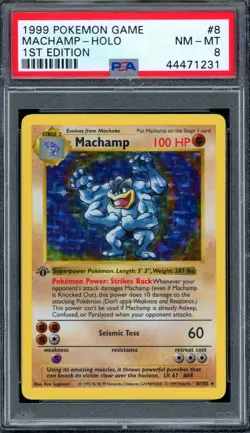 PSA 8 Pokemon 1999 1st Edition Shadowless Base Set Machamp Holo #8 THICK STAMP - Image 1