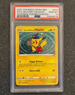 Pokemon Special Delivery Pikachu Center Canada Holo Promo SWSH074 PSA 10 SWIRL - Image 1