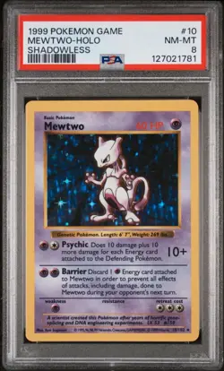 1999 Pokemon Base #10 Mewtwo Shadowless Holo PSA 8 NM-MT WOTC - Image 1
