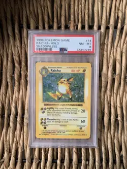1999 Pokemon Raichu Base Set Shadowless Holo Rare #14 PSA 8 - Image 1