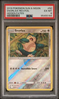 2019 POKEMON SUN & MOON HIDDEN FATES #50 SNORLAX-REVERSE FOIL PSA 6 - Image 1