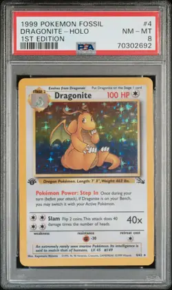 1999 POKEMON FOSSIL 1ST ED #4 DRAGONITE-HOLO PSA 8 - Image 1