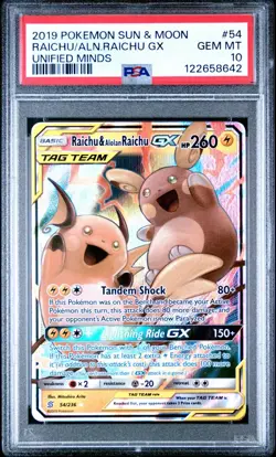 2019 POKEMON SUN & MOON UNIFIED MINDS #54 RAICHU & ALOLAN RAICHU GX PSA 10 - Image 1
