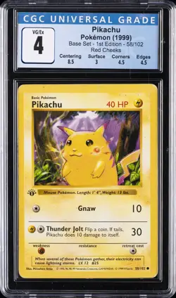 1999 POKEMON BASE SET -1ST ED RED CHEEKS #58/102 PIKACHU CGC 4 - Image 1